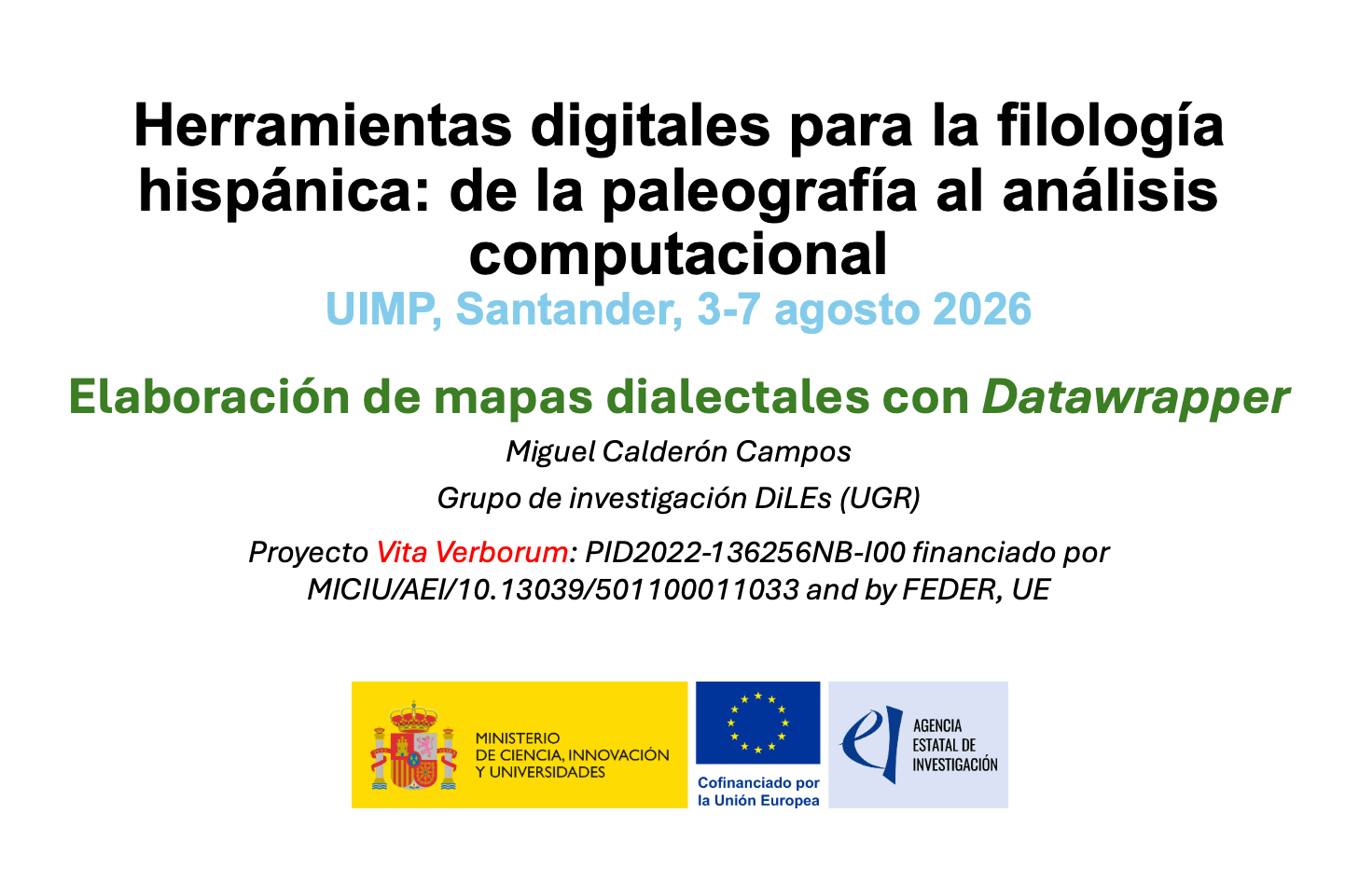 Cartel de la sesión «Elaboración de mapas dialectales con Datawrapper», curso UIMP, Santander, 3-7 de agosto de 2026